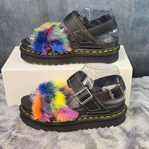 New Dr. Martens Voss II Fluffy Rainbow  Black Leather Sandals Kids 4 wmns 5